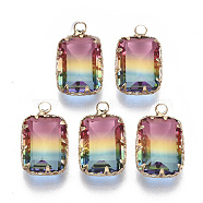 K9 Glass Pendants, Imitation Tourmaline, with Golden Tone Brass Findings, Faceted, Rectangle, Colorful, 18~19x10.5x6mm, Hole: 2mm(X-GLAA-Q069-08H)
