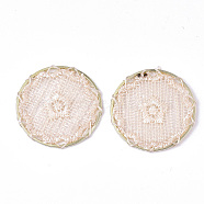 Polyester Woven Pendant Decorations, with Iron Findings, Flat Round with Star, Light Gold, Misty Rose, 40x2mm(FIND-S283-04F)