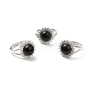 Natural Obsidian Adjustable Rings, Platinum Tone Flower Brass Rhinestone Rings for Women, Cadmium Free & Lead Free, US Size 8(18.1mm), 2.5~8mm(RJEW-P043-02P-17)