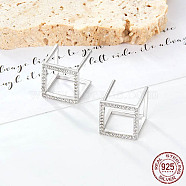 Rhodium Plated Sterling Silver Cube Stud Earrings, Cubic Zirconia Half Hoop Earrings, Platinum, 16mm(BJ2625)