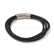 Braided Microfiber Leather Multi-strand Bracelets, 304 Stainless Steel & Black Glass Bracelets for Men, Stainless Steel Color, 9-1/8 inch(23cm)(BJEW-B096-16A)