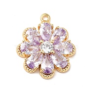 Brass Cubic Zirconia Pendants, Real 18K Gold Plated, 8-Petal Flower Charm, Medium Purple, 16.5x14x4mm, Hole: 1mm(KK-M233-07G-B)