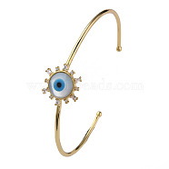 Shell Evil Eye Open Cuff Bangle with Synthetic Turquoise, Real 18K Gold Plated Brass Bangle with Clear Cubic Zirconia for Women, Deep Sky Blue, Inner Diameter: 2-1/2 inch(6.2cm)(BJEW-N012-041)