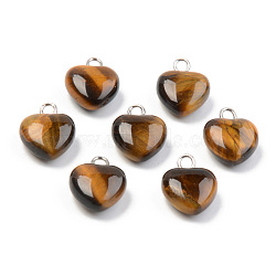 Natural Tiger Eye Charms, with Platinum Brass Peg Bail, Heart, 13.5~14.5x10.5x5mm, Hole: 1.8mm(G-T132-005A)