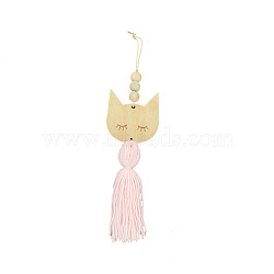 Nordic Wooden Beads Tassel Wall Hanging Ornament, Cartoon Cat Kids Room Wall Hanging Decoration, Misty Rose, 300mm(MAKN-PW0001-012A)