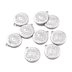 304 Stainless Steel Pendants, Flat Round with Evil Eye, Stainless Steel Color, 19.5x17x2.5mm, Hole: 1.4mm(STAS-K207-60P)