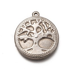 304 Stainless Steel Pendants, Flat Round with Tree of Life, Stainless Steel Color, 28x24x3mm, Hole: 1.8mm(STAS-H123-10B-P)