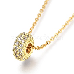 Brass Micro Pave Clear Cubic Zirconia Pendant Necklaces, with 304 Stainless Steel Cable Chains, Flat Round, Golden, 17.71 inch(40.5cm)(NJEW-A127-14G)