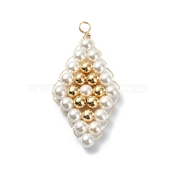 Grade A Round Shell Pearl Beads Pendants, Rhombus Charms with Copper Wire Wrapped and Brass Beads, Lead Free & Cadmium Free & Nickel Free, Golden, 38x19x4mm, Hole: 3mm(PALLOY-JF02074)