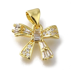 Rack Plating Brass Micro Pave Cubic Zirconia Charms, Long-Lasting Plated, Cadmium Free & Lead Free, Bowknot Charms, Clear, Real 18K Gold Plated, 11.5x14x5mm, Hole: 3.5x4mm(KK-G500-14A-G)