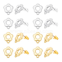 HOBBIESAY 24Pcs 2 Color Alloy Flower Stud Earring Findings, with Horizontal Loops and 304 Stainless Steel Pins and 24Pcs Iron Ear Nuts, Cadmium Free & Nickel Free & Lead Free, Mixed Color, 13x11mm, Hole: 1.6mm, Pin: 0.7mm, 12Pcs/color(FIND-HY0001-56)