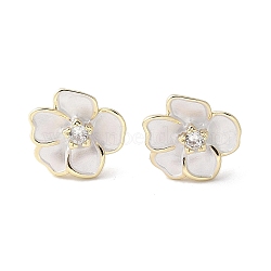 Camellia Brass Enamel Stud Earring Findings, Long-lasting Plated, Flower, Real 14K Gold Plated, 12.5x11.5mm, Pin: 11.5mm(EJEW-V002-01G)