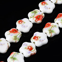 Handmade Porcelain Ceramic Beads Strands, Flower Printed, Flower, Red, 14x15x6mm, Hole: 1.8mm, about 23pcs/strand, 12.4 inches(31.5cm)(PORC-S502-034D)