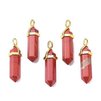 Natural Red Jasper Pointed Pendants, with Random Brass Pendant Hexagon Bead Cap Bails, Golden, Bullet, 38.5~40x12~12.5x10~11mm, Hole: 3x4.5mm