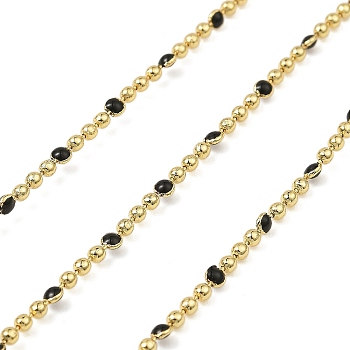 Brass Ball Chains, with Enamel, Soldered, with Spool, Real 18K Gold PlatedPlated, Black, 2.5x2mm