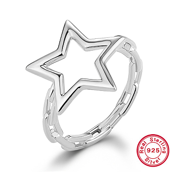 Rhodium Plated 925 Sterling Silver Finger Ring, Hollow Star, Platinum, Inner Diameter: 16mm