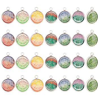 28Pcs 7 Colors Printed Opaque Resin Pendants, with Stainless Steel Color Tone 304 Stainlesss Steel Settings, Half Round Charm, Faceted, Sea Coral Pattern, Mixed Color, 19.5x16x4.5mm, Hole: 2.4mm, 4pcs/color