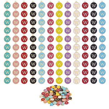 120Pcs 12 Colors Golden Plated Alloy Charms, with Enamel, Enamelled Sequins, Flat Round with Letter, Letter.W, 14x12x2mm, Hole: 1.5mm, 10pcs/color