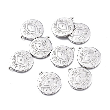 304 Stainless Steel Pendants, Flat Round with Evil Eye, Stainless Steel Color, 19.5x17x2.5mm, Hole: 1.4mm