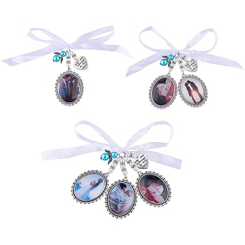 3Pcs 3 Style Wedding Bouquet Photo Charms, with You Are Always in My Heart Charms, Oval Memorial Picture Frame Decoration, Antique Silver, 68mm, Oval Tray: 30x40mm, 1pc/style