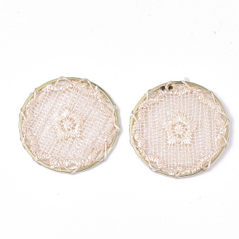 Polyester Woven Pendant Decorations, with Iron Findings, Flat Round with Star, Light Gold, Misty Rose, 40x2mm