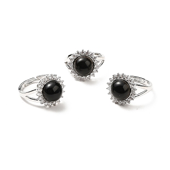 Natural Obsidian Adjustable Rings, Platinum Tone Flower Brass Rhinestone Rings for Women, Cadmium Free & Lead Free, US Size 8(18.1mm), 2.5~8mm
