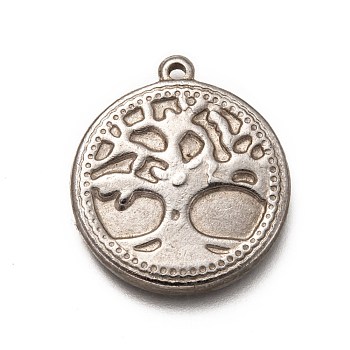 304 Stainless Steel Pendants, Flat Round with Tree of Life, Stainless Steel Color, 28x24x3mm, Hole: 1.8mm