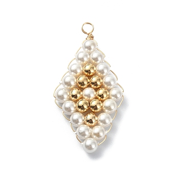 Grade A Round Shell Pearl Beads Pendants, Rhombus Charms with Copper Wire Wrapped and Brass Beads, Lead Free & Cadmium Free & Nickel Free, Golden, 38x19x4mm, Hole: 3mm