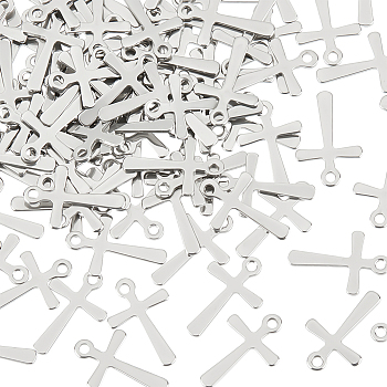 100Pcs 201 Stainless Steel Tiny Cross Charms, Stainless Steel Color, 15x10x0.7mm, Hole: 1.4mm