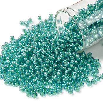 TOHO Round Seed Beads, Japanese Seed Beads, (954) Inside Color Aqua/Light Jonquil Lined, 8/0, 3mm, Hole: 1mm, about 1110pcs/50g