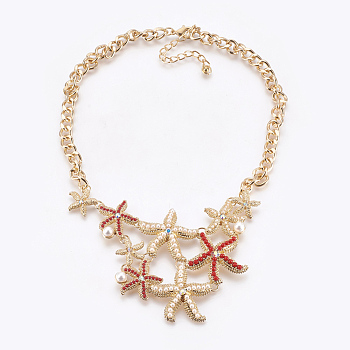Alloy Bib Statement Necklaces, with Acrylic Beads and Rhinestone, Iron Curb Chain, Starfish/Sea Stars, Golden, 17.9 inch(45.5cm)