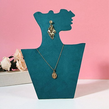 Cardboard Covered with Velvet Necklace & Earring Display Stands, Tabletop Bust Jewelry Holder for Necklace Earring Storage, Photo Props, Teal, 29.5x20.8x0.9cm, Unfold: 10x20.8x25.5cm