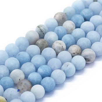 Natural Aquamarine Beads Strands, Frosted, Round, 10mm, Hole: 1mm, about 39~40pcs/Strand, 15.35 inch(39cm)