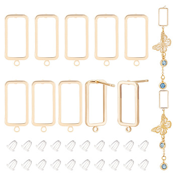 BENECREAT 10Pcs Brass Stud Earring Finding, with Horizontal Loops & 30Pcs Plastic Ear Nuts, Hollow Out Rectangle, Light Gold, 17.5x8mm, Hole: 1mm, Pin: 0.7mm