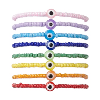 8pcs 8 Colors Resin Evil Eye & Glass Seed Beaded Stretch Bracelet Sets, Stackable Bracelets for Women Men, Mixed Color, Inner Diameter: 2-1/4 inch(5.7cm), 7.5~8.5mm, 1pc/color