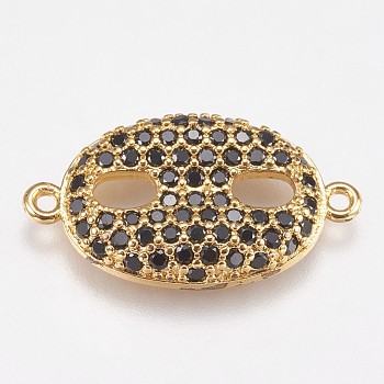 Brass Micro Pave Cubic Zirconia Links, Oval, Black, Golden, 12.5x23x3mm, Hole: 1mm