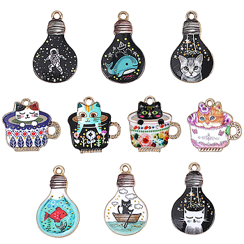 20Pcs 10 Style Alloy Enamel Pendants, Cup with Cat & Light Bulb with Cat/Spaceman/Fish, Mixed Color, 20~28x15~23x1.5~2.6mm, Hole: 1.6~2.5mm, 2pcs/style