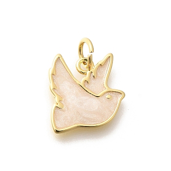 Brass Enamel Charms, with Jump Ring, Long-Lasting Plated, Lead Free & Cadmium Free, Pigeon Charms, Real 18K Gold Plated, Antique White, 13x12.5x1.5mm, Hole: 3.5mm