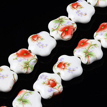 Handmade Porcelain Ceramic Beads Strands, Flower Printed, Flower, Red, 14x15x6mm, Hole: 1.8mm, about 23pcs/strand, 12.4 inches(31.5cm)