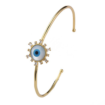 Shell Evil Eye Open Cuff Bangle with Synthetic Turquoise, Real 18K Gold Plated Brass Bangle with Clear Cubic Zirconia for Women, Deep Sky Blue, Inner Diameter: 2-1/2 inch(6.2cm)