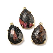 Natural Rhodonite Pendants, Rack Plating Brass Faceted Teardrop Charms, Golden, 24~24.5x16~16.5x7mm, Hole: 1.5mm(G-M431-10G-03)