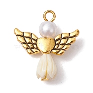 Resin Imitation Pearl Pendants, Rose Angel Charms with Antique Golden Plated Alloy Heart Wings, Antique White, 23.5~24x22x6.5mm, Hole: 1.8~2.2mm(PALLOY-JF02565-03)