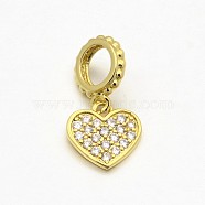 CZ Brass Micro Pave AAA Cubic Zirconia Large Hole European Dangle Charms, Heart, Lead Free & Nickel Free & Cadmium Free, Golden, 9x9x1mm, Hole: 4mm(ZIRC-L014-07G-NR)