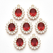 Transparent Faceted Glass Pendants, with Clear Rhinestone and Golden Tone Brass Open Back Settings, Oval, Red, 20x15x6mm, Hole: 1.4mm(X-GLAA-R212-15D)