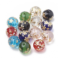 Flower Painted Transparent Glass Beads, Round, Mixed Color, 12mm, Hole: 1~1.5mm(X-GLAA-Q071-01)
