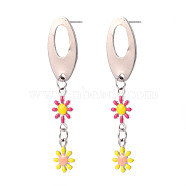 Oval with Flower Enamel Long Dangle Stud Earrings, Stainless Steel Color Plated 304 Stainless Steel Jewelry for Women, Deep Pink, 44x9.5mm, Pin: 0.8mm(EJEW-N049-05A)