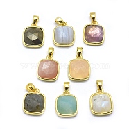 Natural Mixed Stone Pendants, with Golden Tone Brass Findings, Square, Faceted, 13x11x5mm, Hole: 3.5x5.5mm(G-O176K-G)