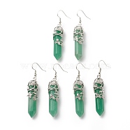 Natural Green Aventurine Bullet with Flower Dangle Earrings, Platinum Tone Brass Jewelry for Women, Cadmium Free & Lead Free, 62~63mm, Pin: 0.6mm(EJEW-G300-02P-07)