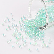 11/0 Grade A Round Glass Seed Beads, Transparent Inside Colours, AB Color Plated, Aquamarine, 2.3x1.5mm, Hole: 1mm, about 48500pcs/pound(SEED-N001-E-316)