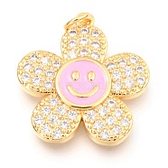 Brass Micro Pave Clear Cubic Zirconia Pendants, with Enamel and Jump Rings, Long-Lasting Plated, Flower with Smiling Face, Real 18K Gold Plated, Pearl Pink, 24x22x3mm, Hole: 3mm(X-KK-I683-05E)